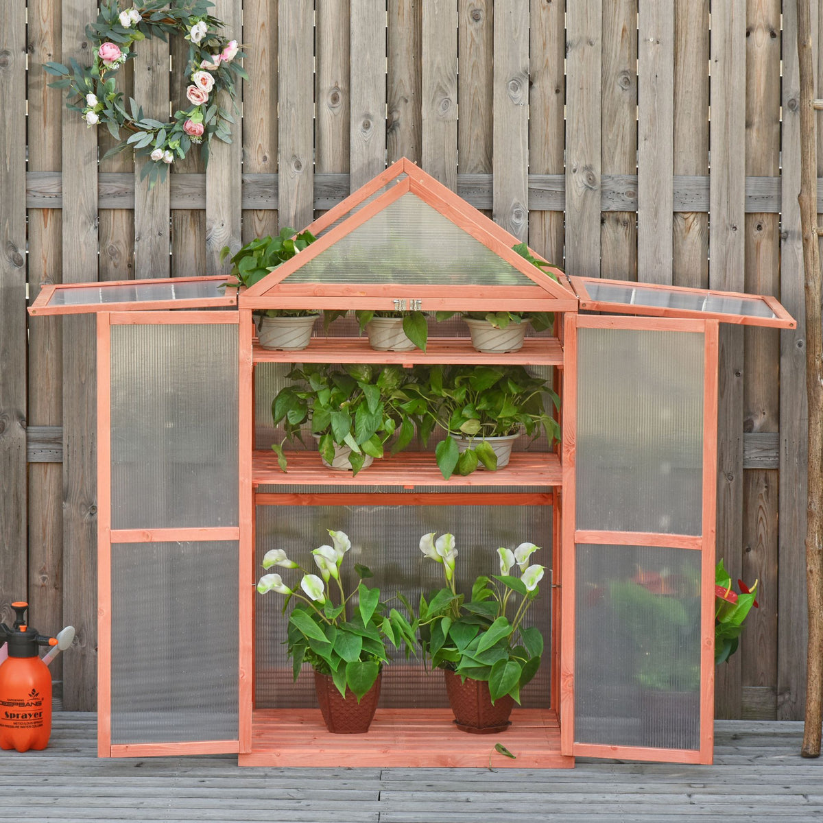 Garden Cold Frame Polycarbonate Greenhouse with Adjustable Shelves, Double Doors, Openable Top Covers, Grow House for Flower Vegetable Plants, 80 x 47 x 138cm
