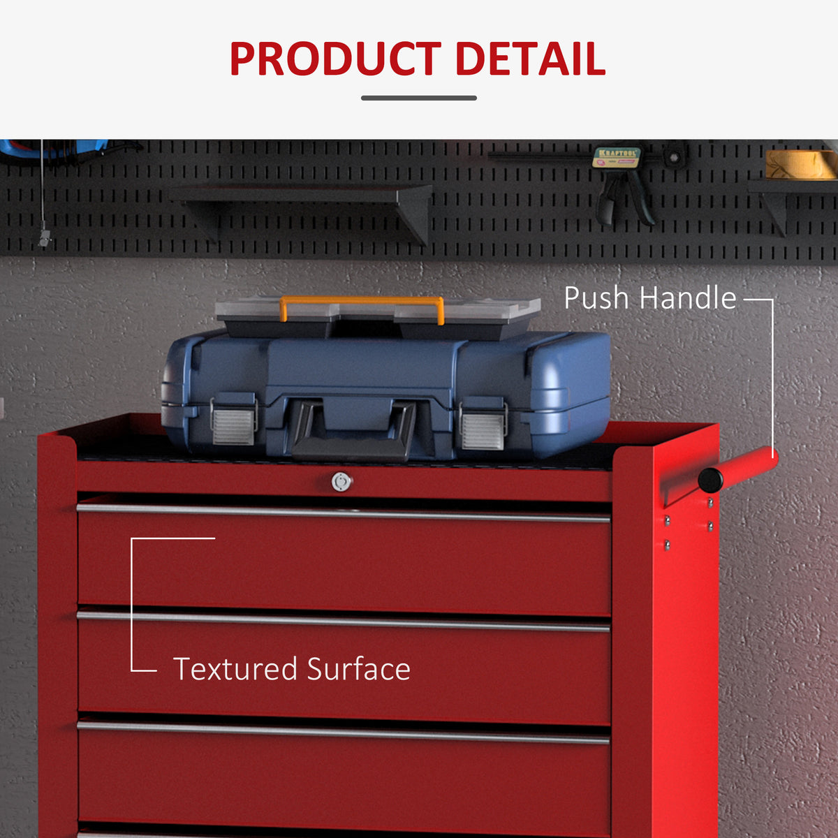 5 Drawer Tool Box on Wheels, Lockable Steel Tool Cabinet with Side Handle, Red
