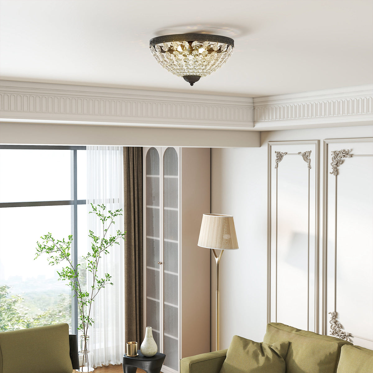 Crystal Chandelier Ceiling Light with 168 Octagonal Beads, Vintage 2-Light Flush Mount Ceiling Light for Living Room, Bedroom, Hallway, Dining Room