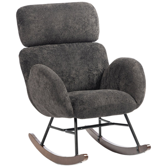 Upholstered Rocking Chair Adjustable Headrest Rocker Chair Raindrop Velvet Rubberwood Base Dark Grey