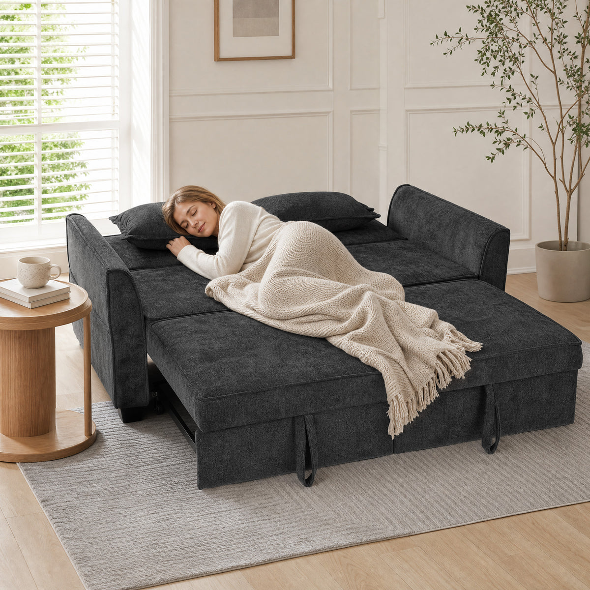 2 Seater Sofa Bed, 4-in-1 L-Shaped Convertible Pull-Out Sleeper Sofa with Adjustable Backrest and Side Pockets
