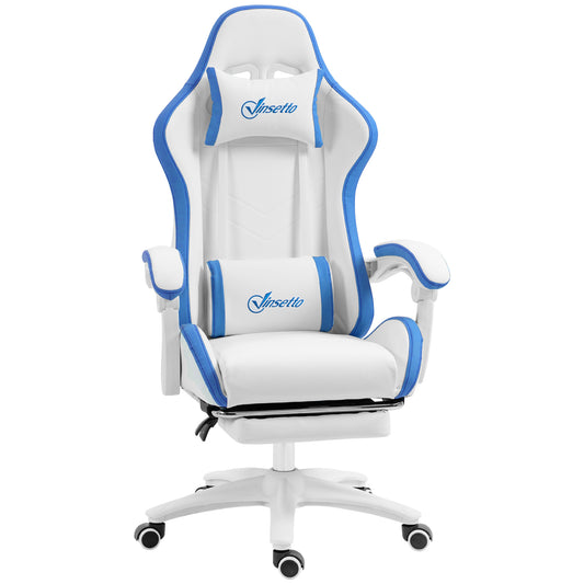 Gaming Chair, Computer Gamer Chair with Reclining High Back, Headrest, Lumbar Support, Footrest, Swivel Wheels, PU Leather, Adjustable Height for Home, White and Blue