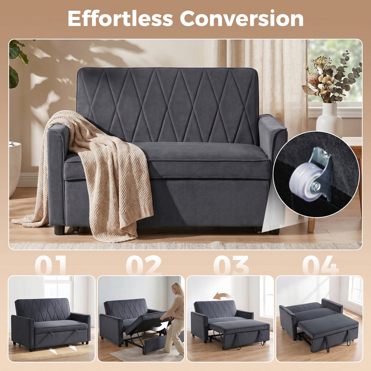 2 Seater Sofa Bed, 3-in-1 Convertible Pull Out Sleeper Sofa with Click-Clack Adjustable Backrest