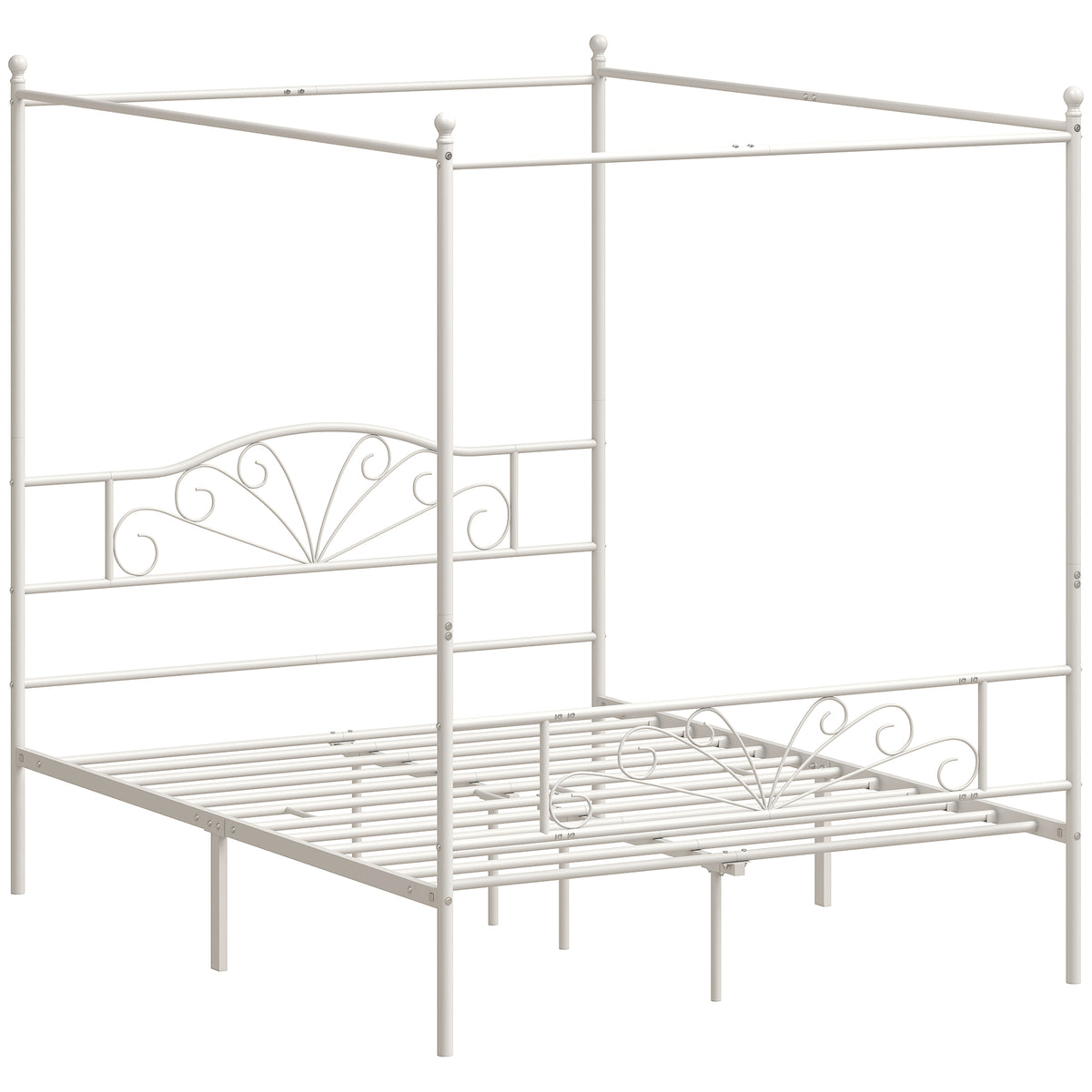 Canopy Bed Frame Double Size, Metal Platform Bed Frame with Headboard and Footboard, Underbed Storage, White