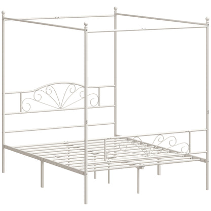 Canopy Bed Frame Double Size, Metal Platform Bed Frame with Headboard and Footboard, Underbed Storage, White