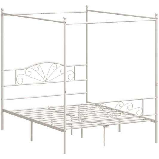 Canopy Bed Frame Double Size, Metal Platform Bed Frame with Headboard and Footboard, Underbed Storage, White