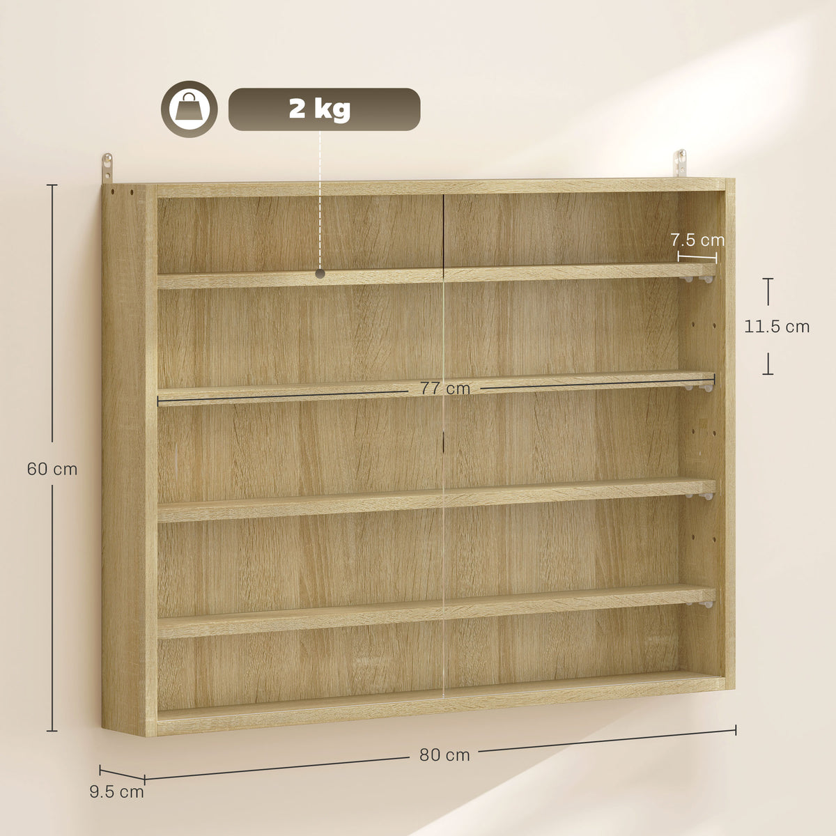 5-Tier Wall Display Shelf Unit Cabinet w/ 4 Adjustable Shelves Glass Doors Home Office Ornaments 60x80cm Oak