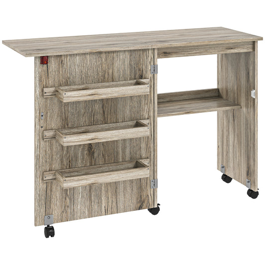 Folding Sewing Table, Drop Leaf Craft Table with Storage Bins, Open Shelf and Wheels, Rolling Sewing Machine Cabinet Computer Desk for Small Space