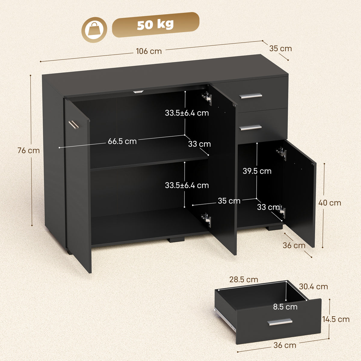 Sideboard, Modern Storage Cabinet with 2 Drawers, 3 Doors and Adjustable Shelves, Black