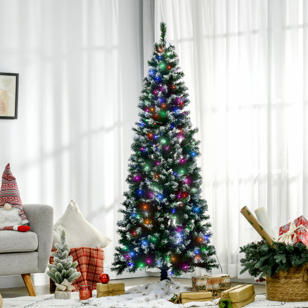 6FT Tall Prelit Pencil Slim Artificial Christmas Tree with Realistic Branches, 300 Colourful LED Lights and 618 Tips, Xmas Decoration, Green
