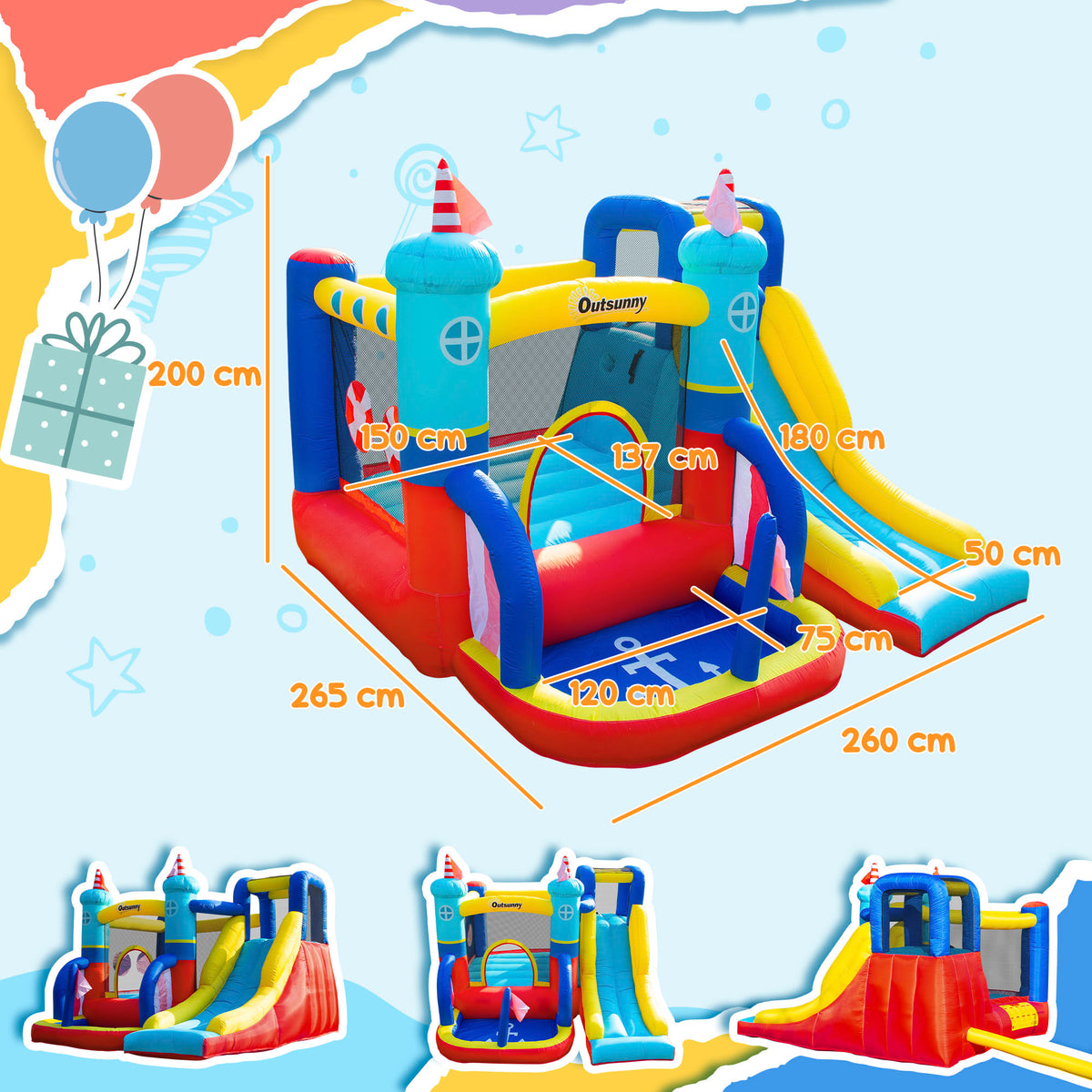 Kids Bouncy Castle, 4 in 1 Large Sailboat Style Inflatable House Slide Trampoline Water Pool Climbing Wall with Blower Carrybag for Kids Age 3-8, 2.65 x 2.6 x 2m