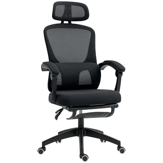 Ergonomic Office Chair, Mesh High Back Desk Chair with Adjustable Lumbar Support and Headrest, Footrest, Reclining Executive Swivel Computer Chair for Home Study, Black
