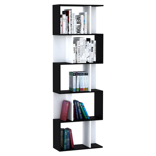 Bookcase, S-Shaped Wooden Bookshelf, 5/6 Tiers Freestanding Storage Shelf, Home Office Decorative Display Stand Rack, Black and White, 24D x 60W x 184.5H