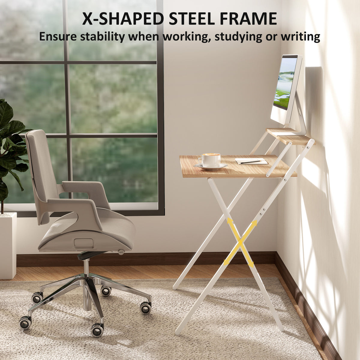70 cm Folding Computer Desk with Monitor Shelf - Natural Wood Finish