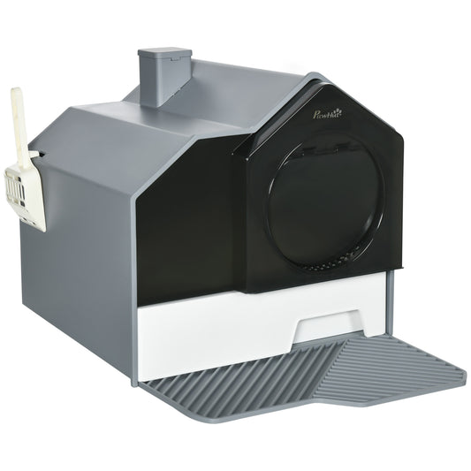 Hooded Cat Litter Tray with Scoop, Cat Litter Box with Drawer Pan, Handle, Deodorants, Hut Design, Front Entrance, 47 x 45 x 42cm - Grey