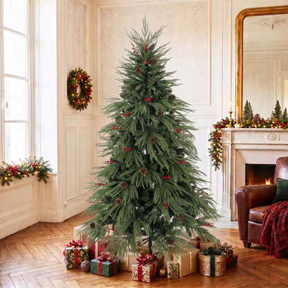6ft Artificial Christmas Tree with Pinecones, Red Berries, Hinged Predecorated Xmas Tree with 2843 Branch Tips