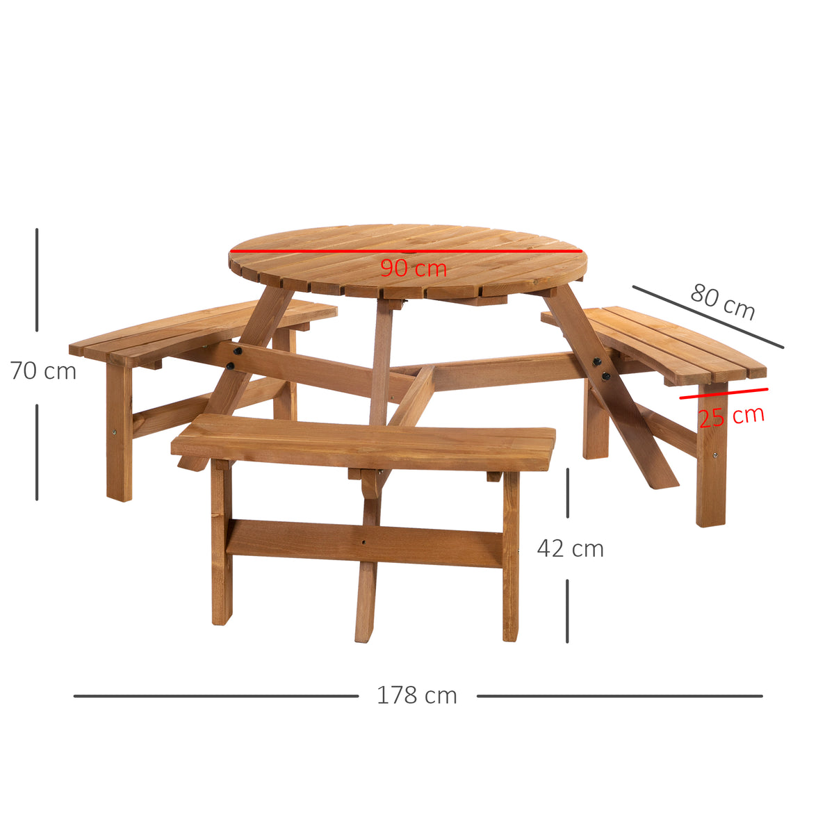 Wooden Garden Dining Set, 6 Seater Round Dining Picnic Table with Matching Bench, Garden Furniture Set with Parasol Hole for Outdoor Patio Party and Family Gatherings, Brownish Red
