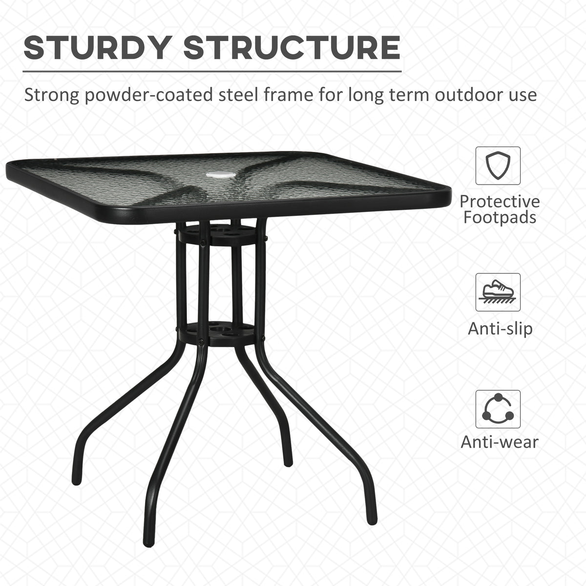 Square Garden Dining Table with Tempered Glass Top & Umbrella Hole, 76 x 76 cm