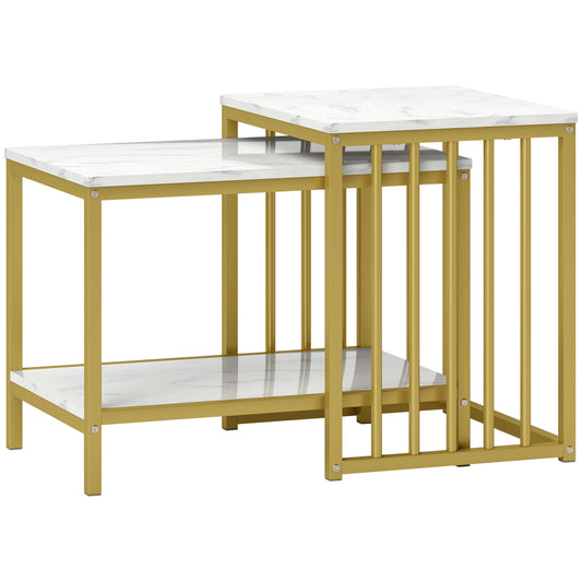 Modern Coffee Table Set of Two, Marble-Effect Nesting Side Tables with Steel Frame for Living Room, Gold Tone