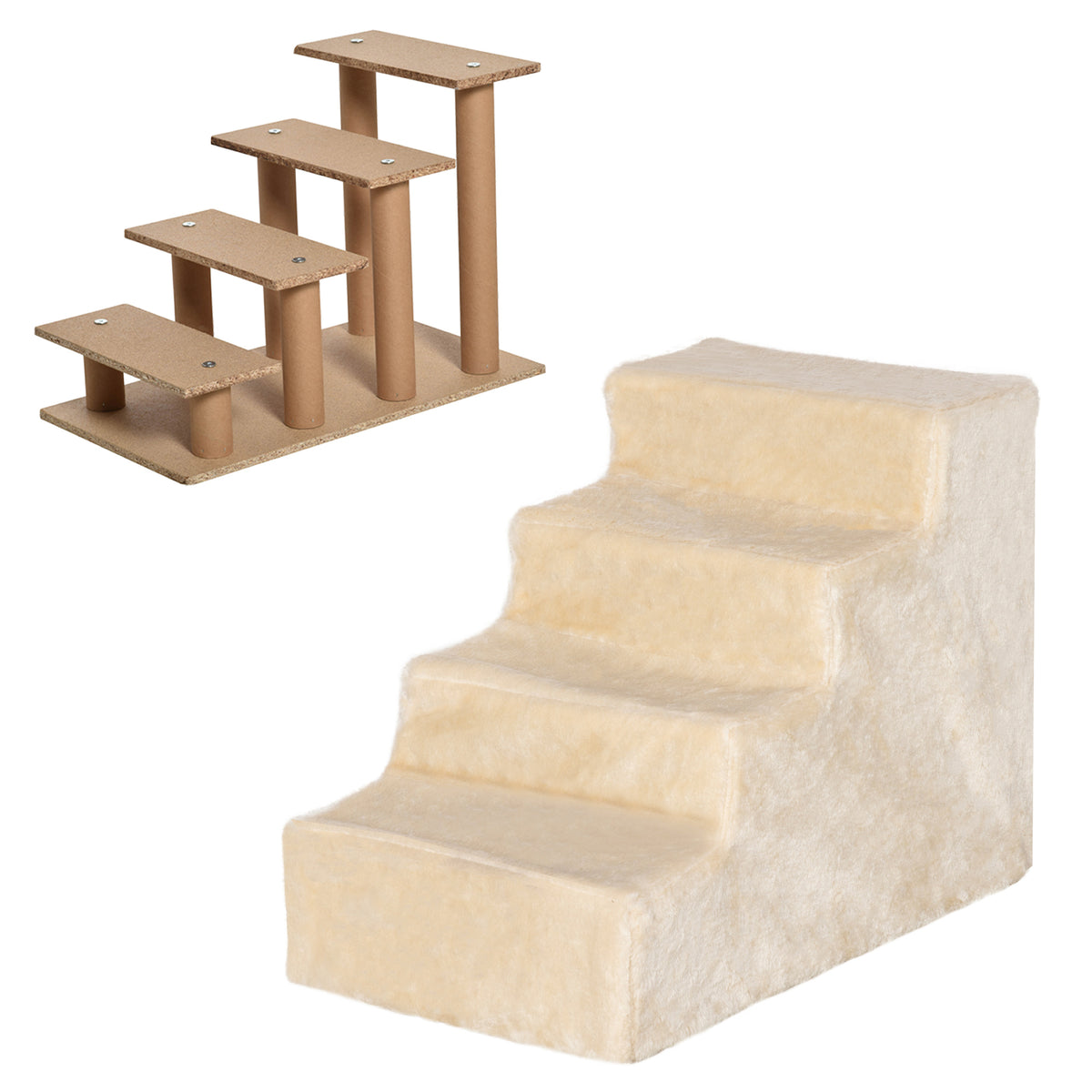 Four-Step Dog Stairs, with Washable Plush Cover, for High Bed Sofa, Dog Stairs for Small Dog and Cat - Beige