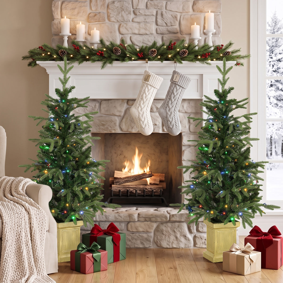 Set of 2 Prelit Christmas Trees with Dual-Colour LEDs, Remote, 4ft Artificial Aspen Fir Battery-Operated, 11 Modes, Pot