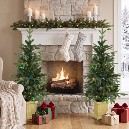 Set of 2 Prelit Christmas Trees with Dual-Colour LEDs, Remote, 4ft Artificial Aspen Fir Battery-Operated, 11 Modes, Pot