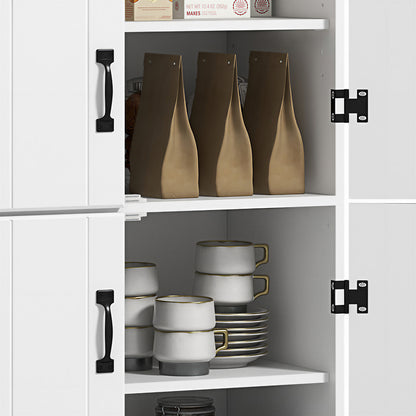 4-Door Tall Kitchen Cupboard, Freestanding 6-Tier Storage Cabinet with 2 Adjustable Shelves for Living Room, Dining Room, White