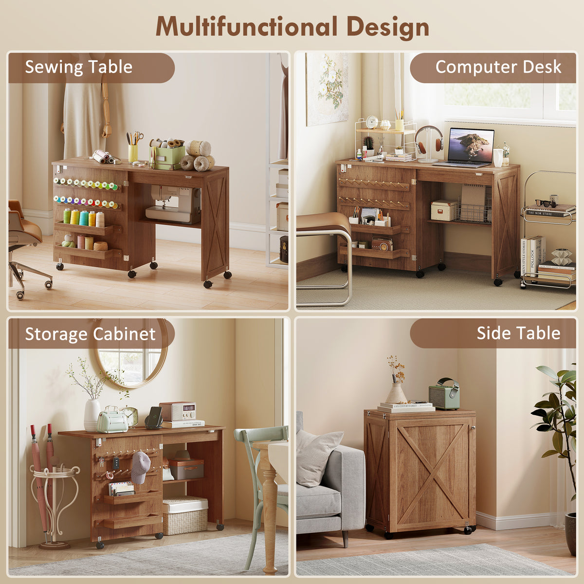 Folding Sewing Table, Rolling Craft Table with Storage compartments, Shelf and Lockable Casters for Small Spaces