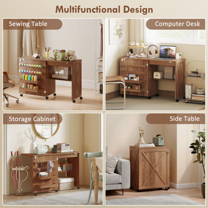 Folding Sewing Table, Rolling Craft Table with Storage compartments, Shelf and Lockable Casters for Small Spaces