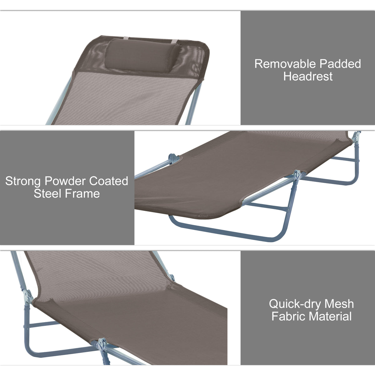 Outdoor Foldable Sun Lounger, Adjustable Backrest Garden Recliner Sun Lounger Chair with Headrest Pillow, Coffee