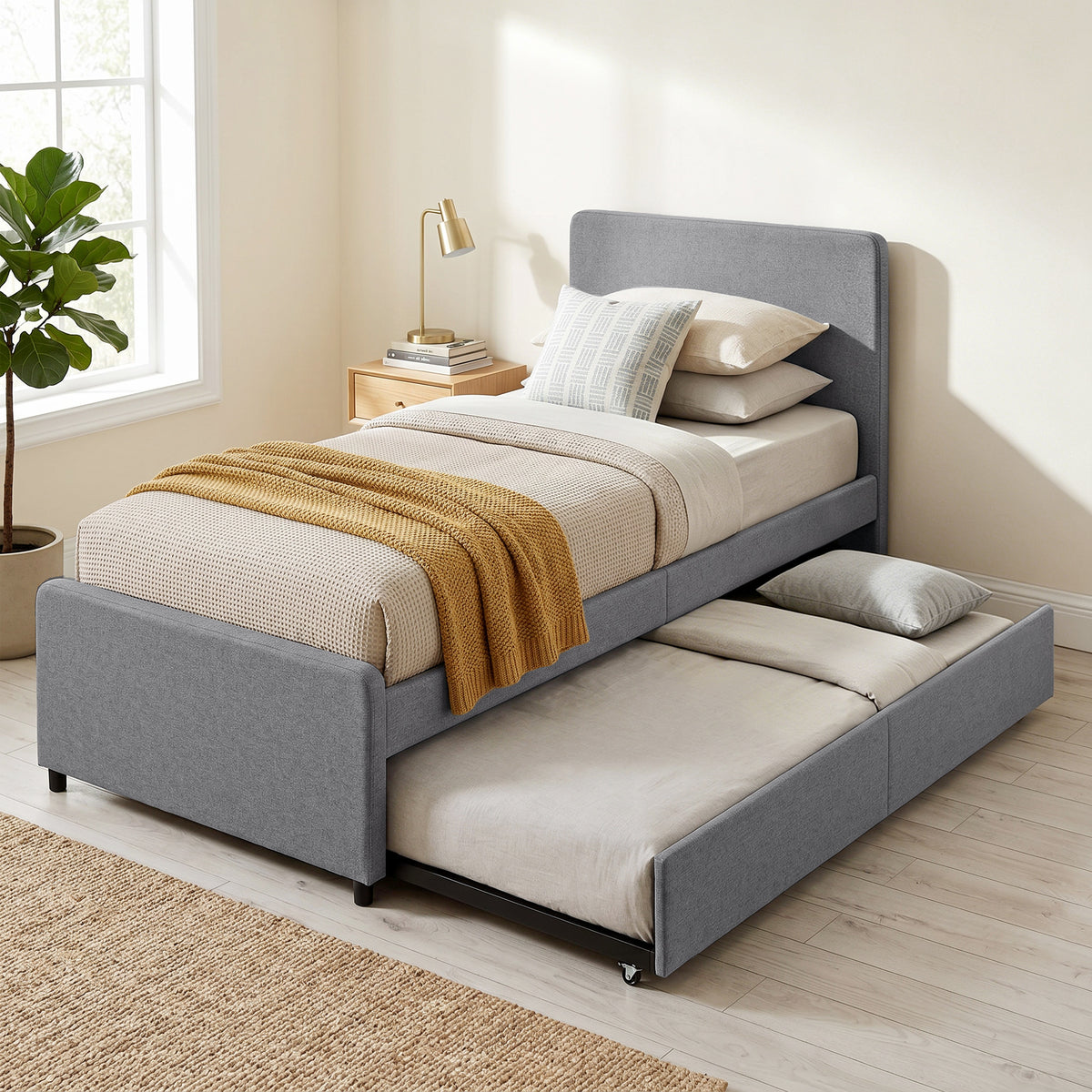 3ft Single Bed Frame with Trundle, Upholstered Pull Out Trundle Bed with Headboard and Footboard