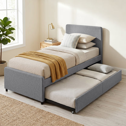 3ft Single Bed Frame with Trundle, Upholstered Pull Out Trundle Bed with Headboard and Footboard
