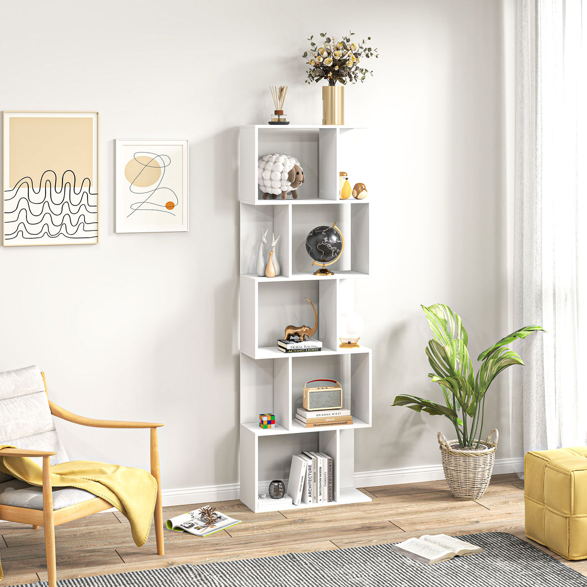 Bookcase, S-Shaped Wooden Bookshelf, 5 Tiers Freestanding Storage Shelf, Home Office Display Stand Rack, White