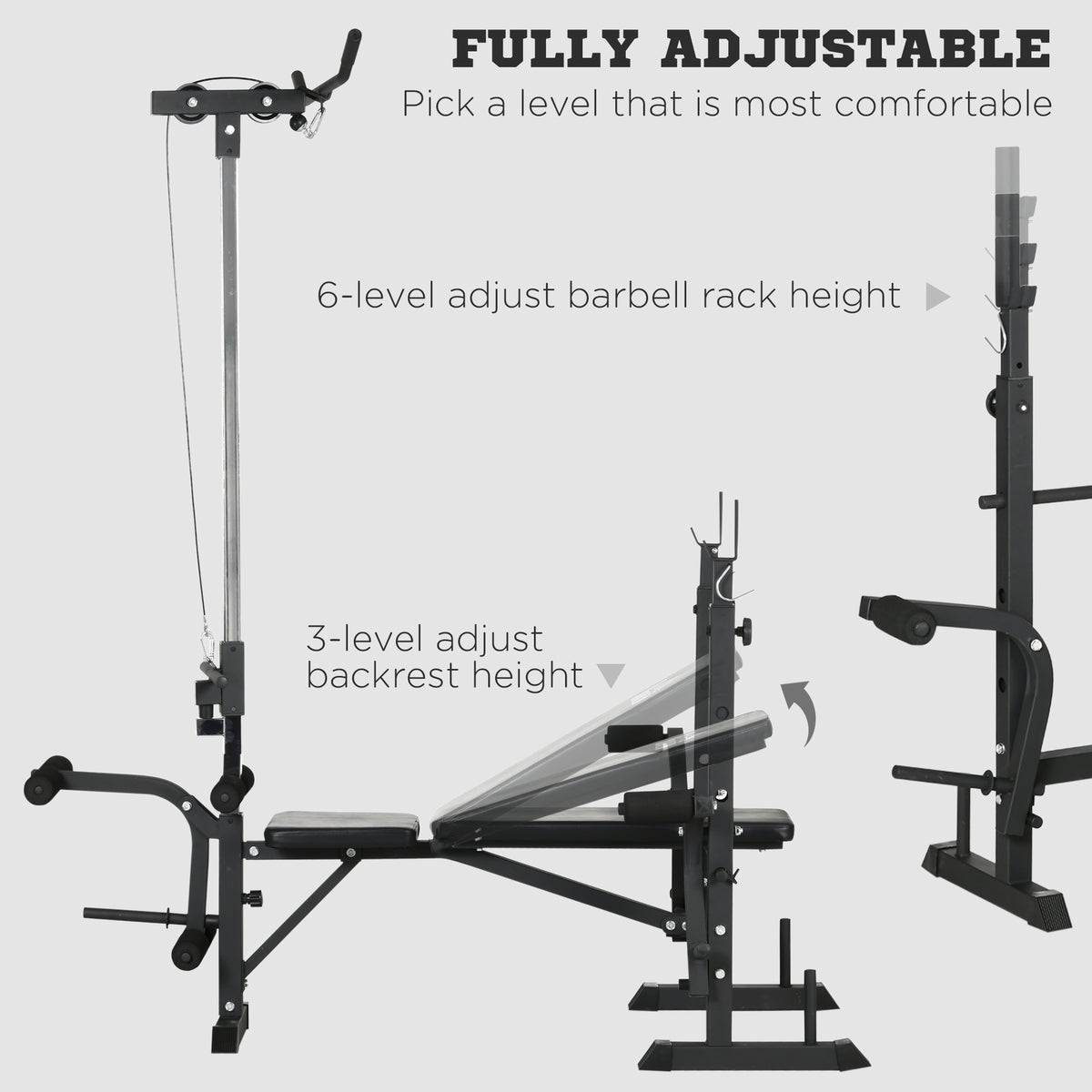 Adjustable Weight Bench with Pulley System, Incline Bench Press Set with Squat Rack, Leg Developer, Butterfly and Weight Storage, for Home Gym Full Body Workout