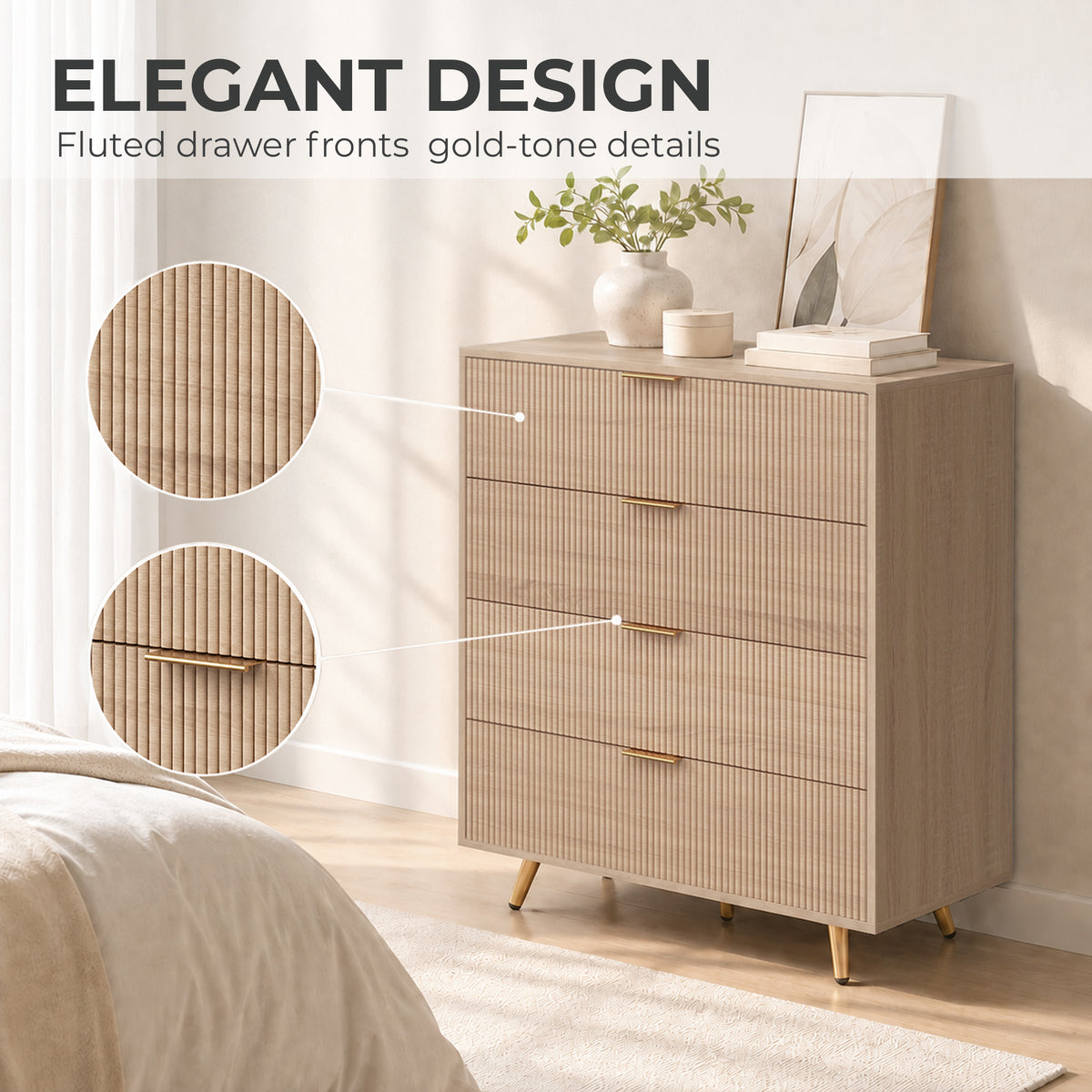 Bedroom Chest of Drawers with 4 Drawers, Fluted Dresser with Gold Tone Handles, Storage Cabinet, Natural