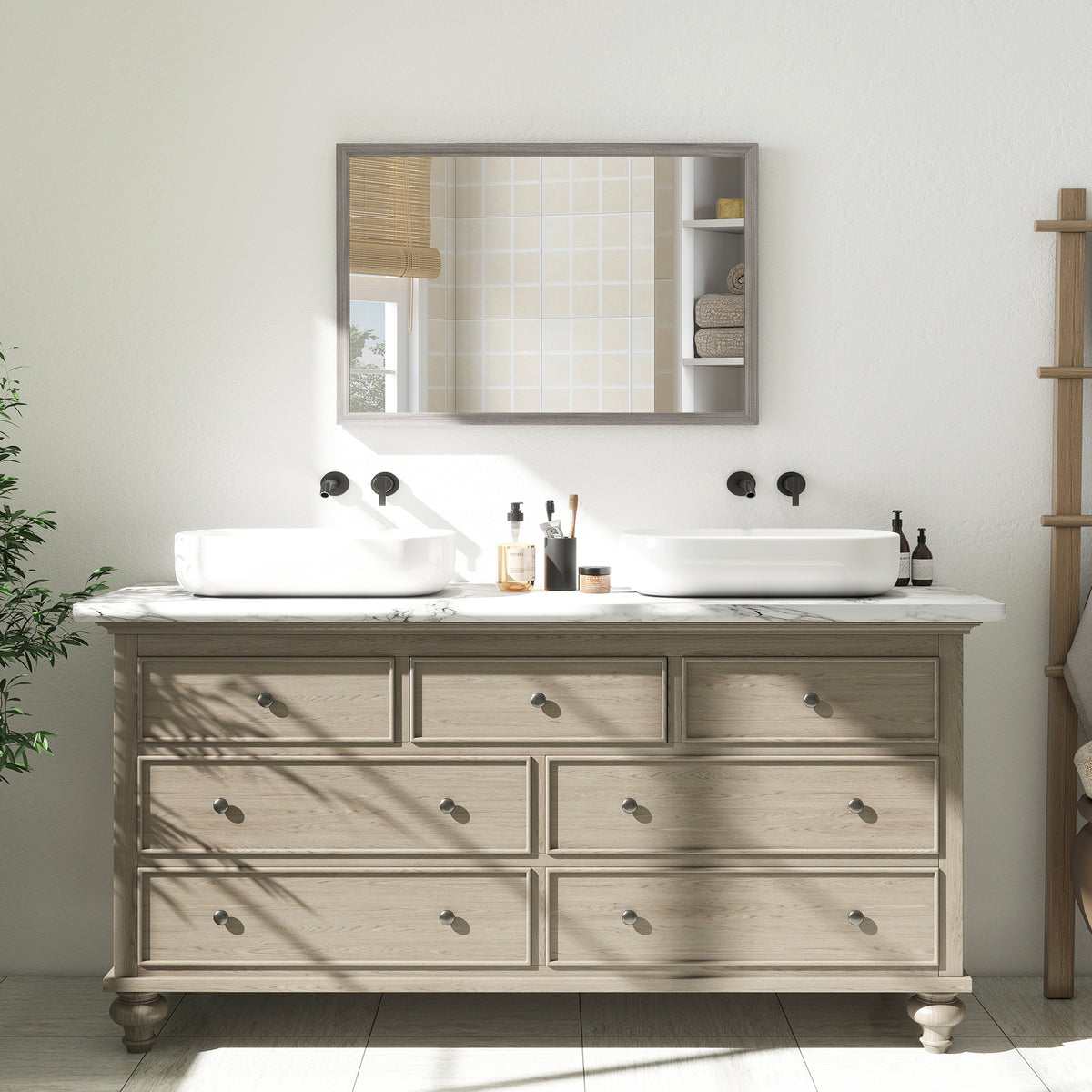 Wall Bathroom Mirror, 40 x 60 cm Wall-Mounted Mirror for Living Room, Bedroom, Hallway, Grey