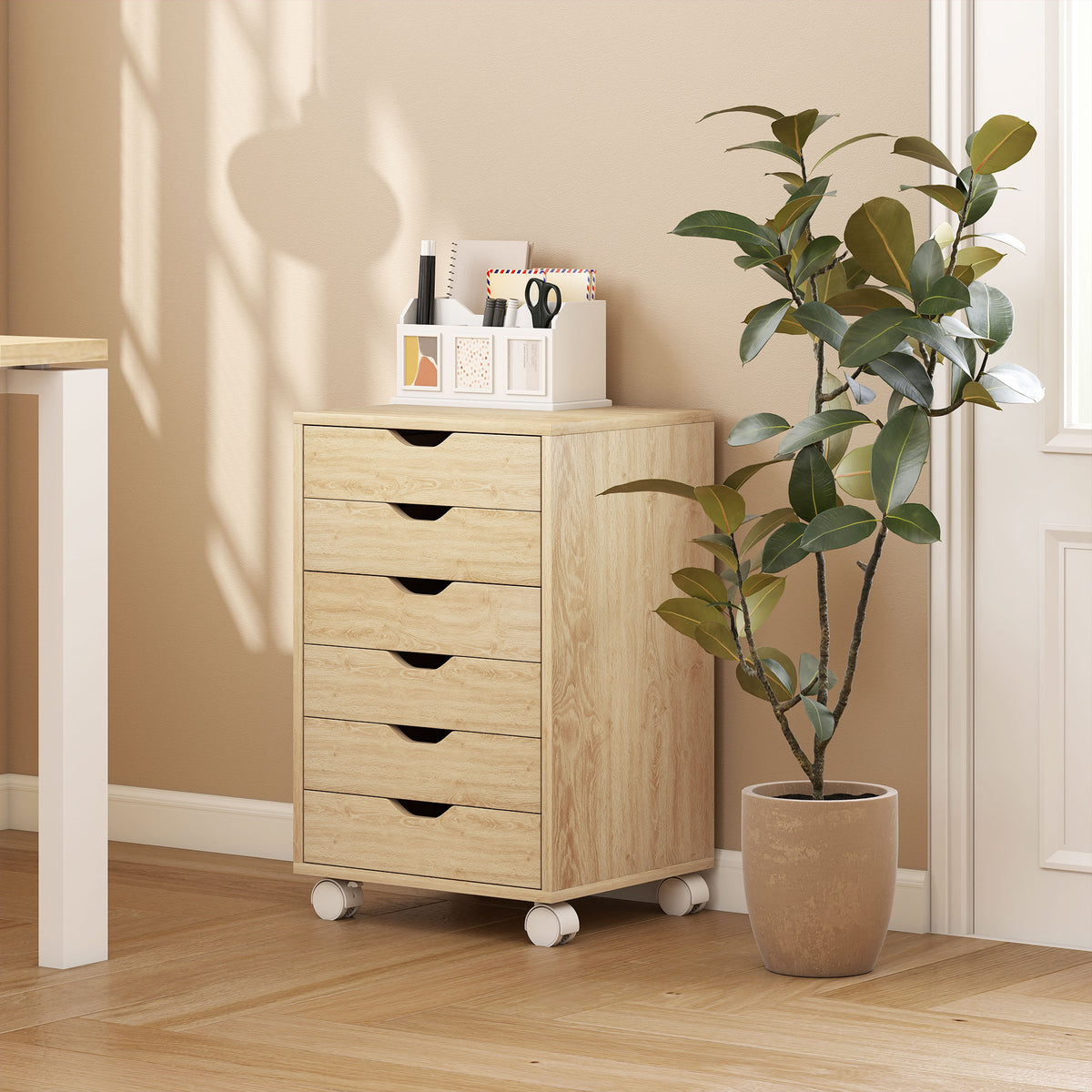 6 Drawer Vertical File Cabinet, Mobile Filing Cabinet with Quiet Drawers and Wheels with 2 Brakes
