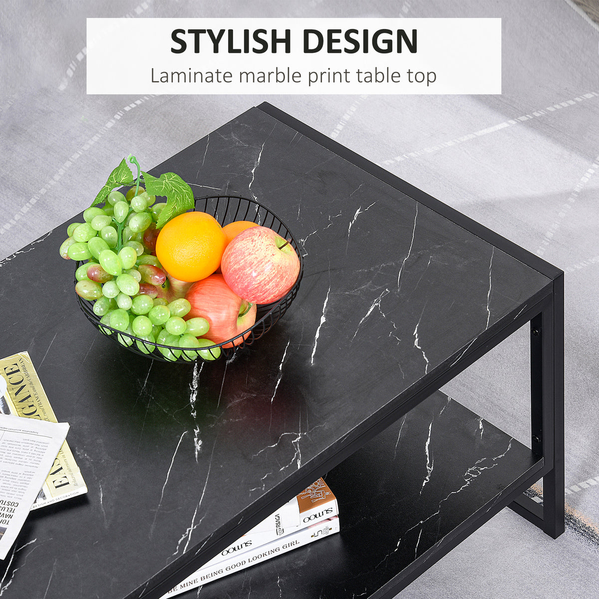 Coffee Table, Two-Tier Faux Marble Effect Centre Table with Metal Frame and Storage Shelf for Living Room, 106 x 50 x 45cm, Black