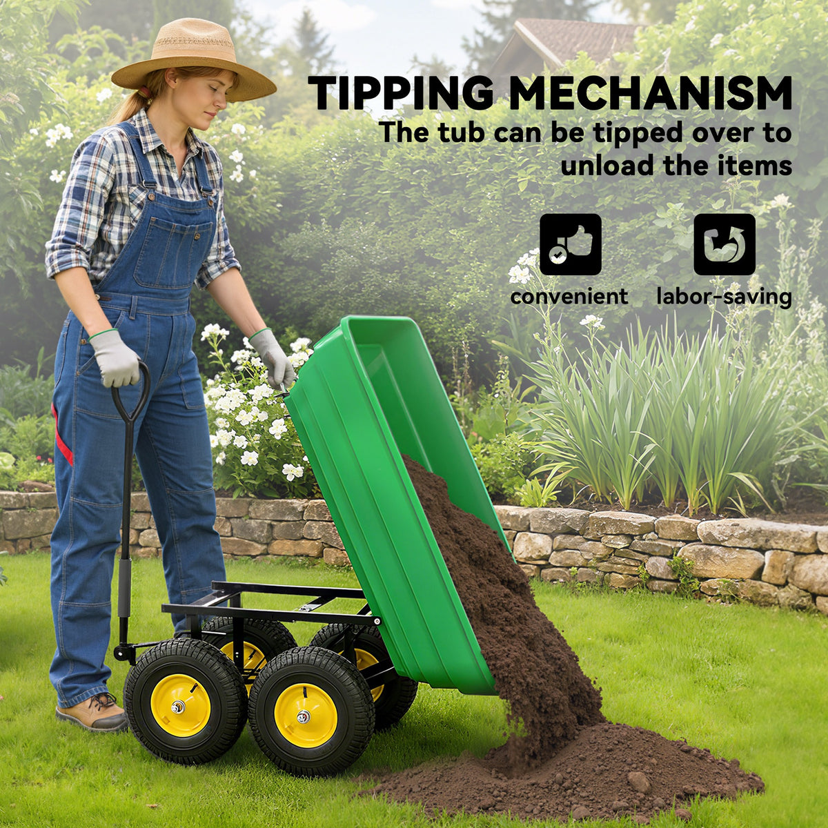 75 Litre Large Garden Cart, Tipping Wheelbarrows Heavy Duty Garden Dump Trolley 200kg Capacity for Festivals, Tools, Plants, Logs - Green