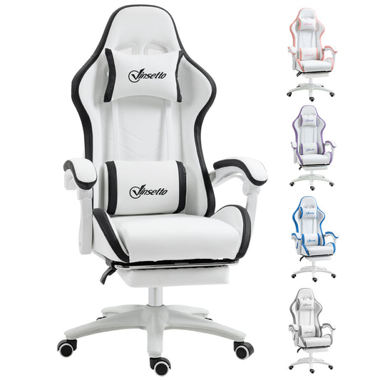 Gaming Chair, Computer Gamer Chair with Reclining High Back, Headrest, Lumbar Support, Footrest, Swivel Wheels, PU Leather, Adjustable Height for Home, White and Black