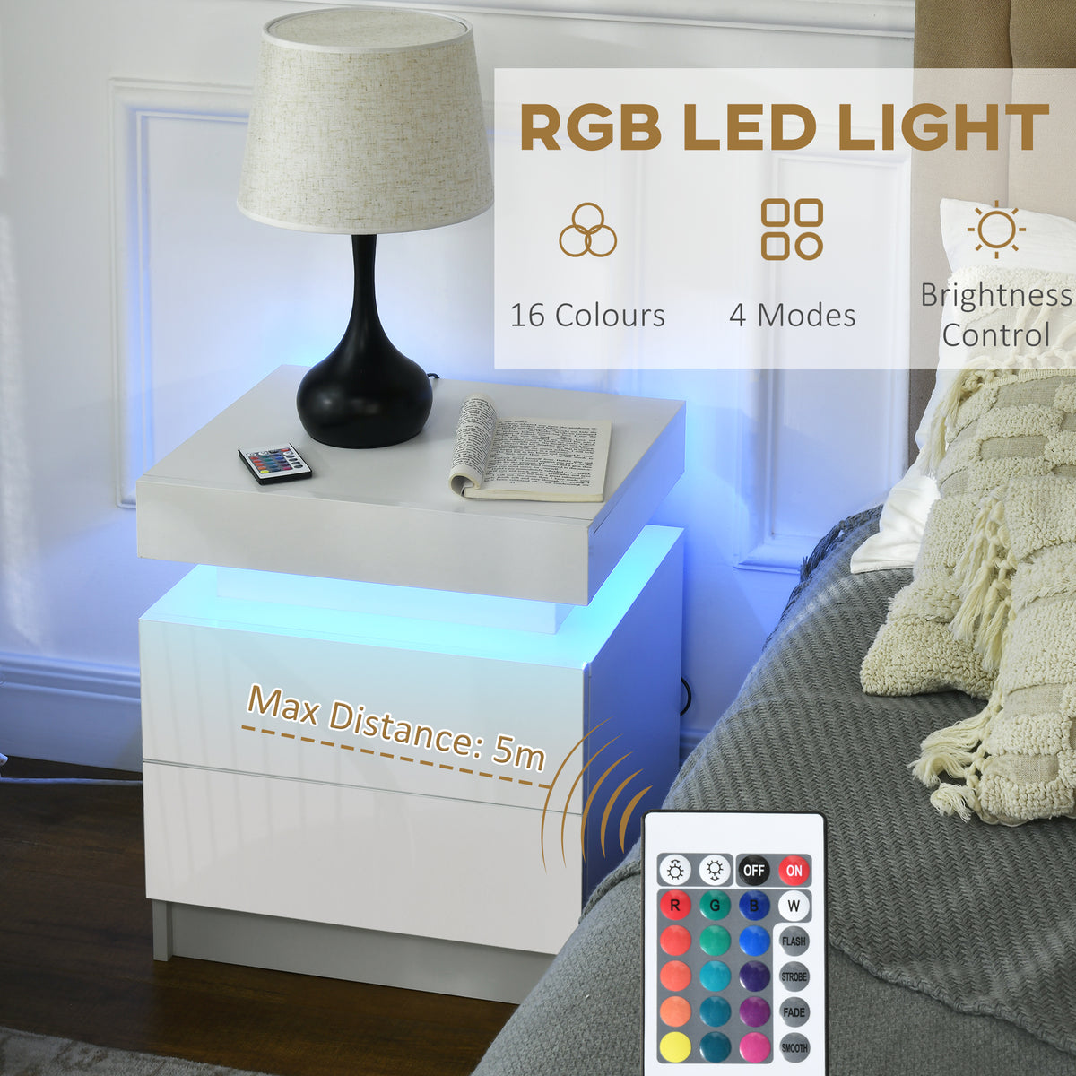 White Bedside Table with LED Light, High Gloss Front Nightstand with 2 Drawers, for Living Room, Bedroom