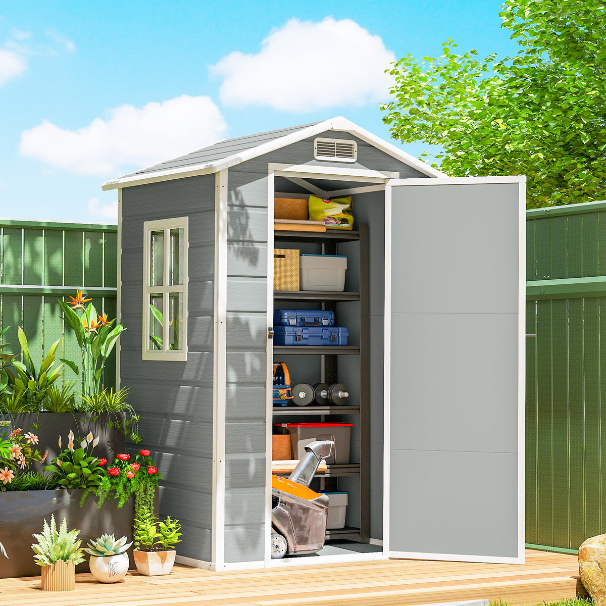 4 x 3 ft Plastic Garden Shed with Floor, Outdoor Storage Shed with Lockable Door, Window and Vent, Light Grey