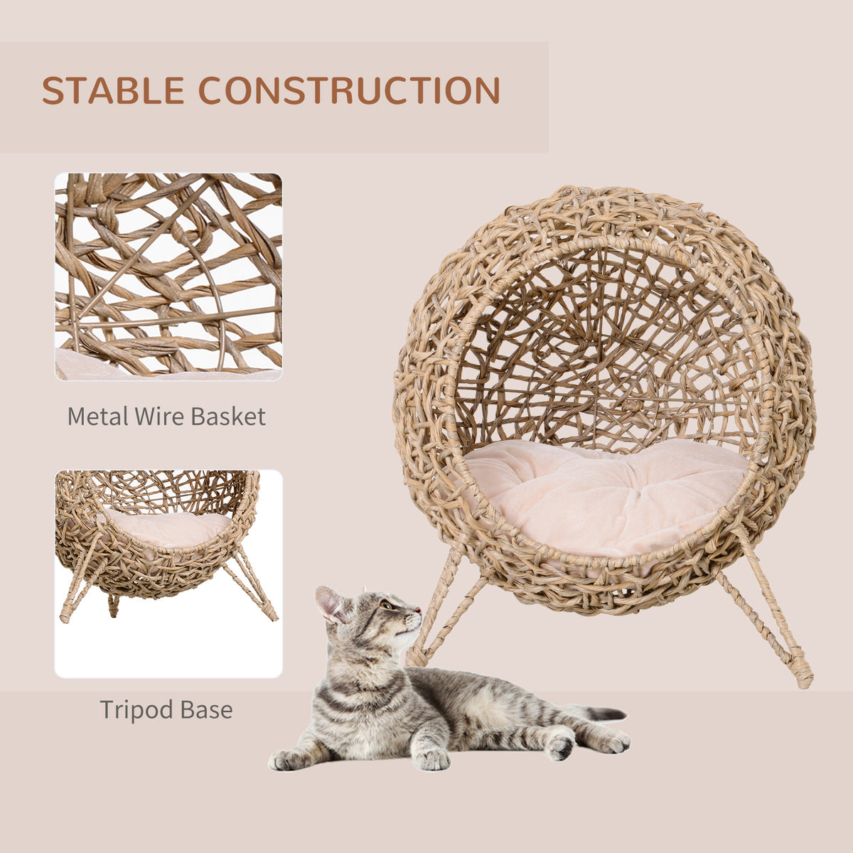 Rattan Elevated Cat Bed House Kitten Basket Ball-Shaped Pet Furniture w/ Removable Cushion