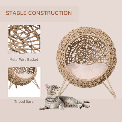 Rattan Elevated Cat Bed House Kitten Basket Ball-Shaped Pet Furniture w/ Removable Cushion