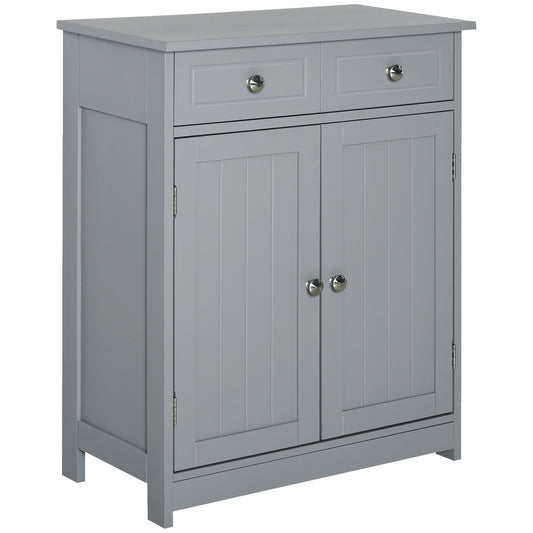 75x60cm Freestanding Bathroom Storage Cabinet Unit w/ 2 Drawers Cupboard Adjustable Shelf Metal Handles Traditional Style Grey