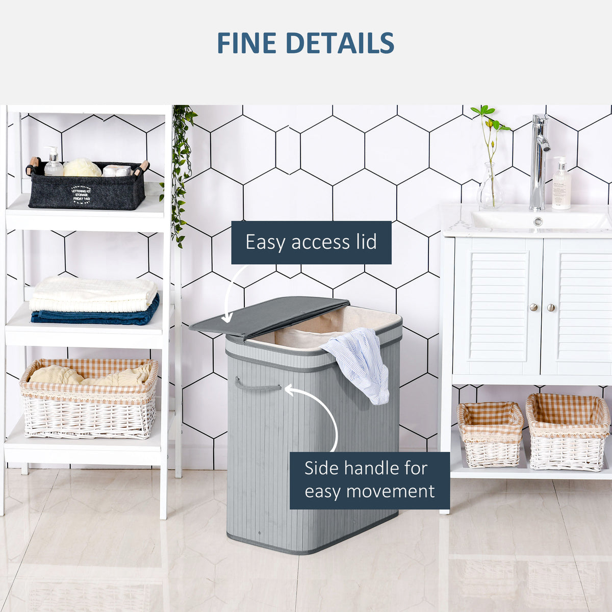 100L Natural Wood Laundry Basket A Compartment w/Flip Lid Removable Lining Handles Board Base Foldable Durable Water-Resistant Dirty Clothes Storage Home Organisation Grey