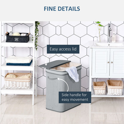 100L Natural Wood Laundry Basket A Compartment w/Flip Lid Removable Lining Handles Board Base Foldable Durable Water-Resistant Dirty Clothes Storage Home Organisation Grey