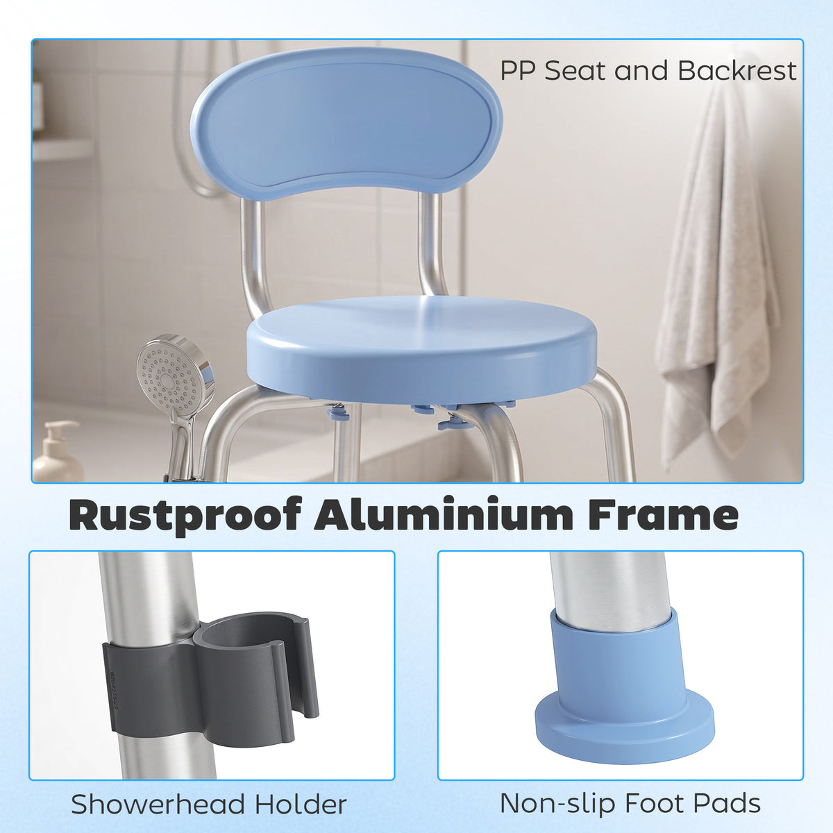 360° Swivel Shower Stool with Aluminium Frame, 5-Level Adjustable Height, Backrest, Non-Slip Shower Chair for Elderly
