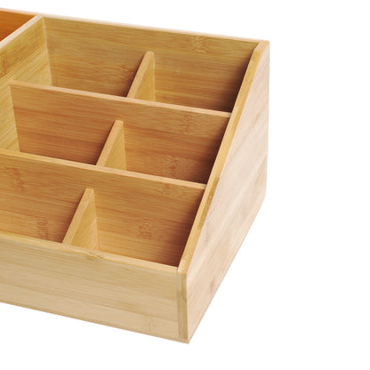 Desk Organiser Holder, Bamboo Multi-Function Storage Caddy with 7 Storage Compartments and 2 Drawers for Home Office Stationary Supplies, Natural Bamboo