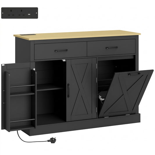 Tilt Out Trash Cabinet with Charging Station, Kitchen Island with Storage, 57 Liter Hidden Rubbish Bin Storage